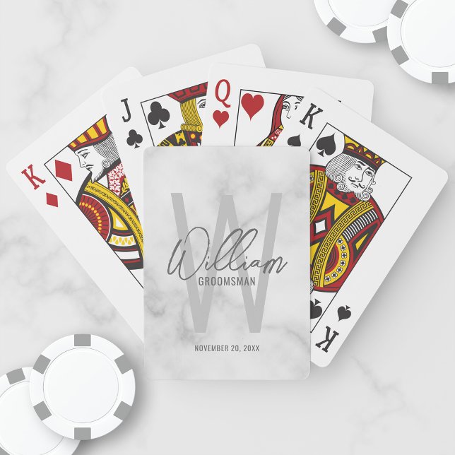 White Marble Script Personalized Groomsmen Playing Cards (Creator Uploaded)