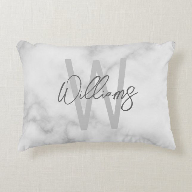 White Marble Script Personalized Monogram and Name Accent Pillow (Front)