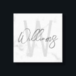 White Marble Script Personalized Monogram and Name Canvas Print<br><div class="desc">Modern Minimalist Personalized Monogram and Name Gifts
This design features personalized name in grey modern handwriting script font style and monogram in light grey modern sans serif font style as background,  on white marble background.</div>