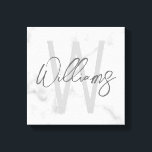 White Marble Script Personalized Monogram and Name Canvas Print<br><div class="desc">Modern Minimalist Personalized Monogram and Name Gifts
This design features personalized name in grey modern handwriting script font style and monogram in light grey modern sans serif font style as background,  on white marble background.</div>