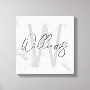 White Marble Script Personalized Monogram and Name Canvas Print