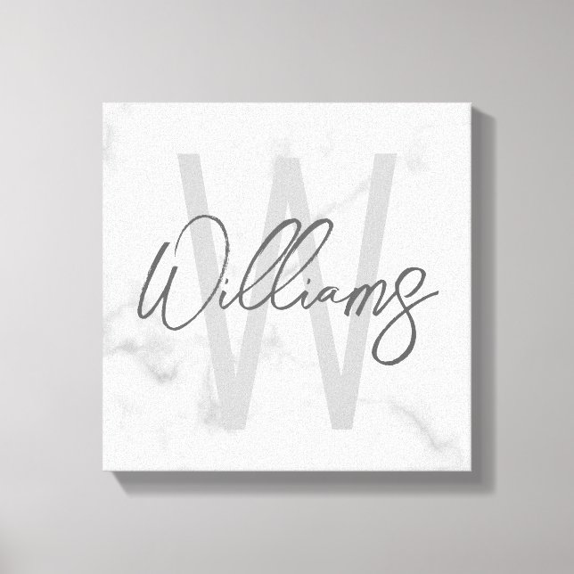 White Marble Script Personalized Monogram and Name Canvas Print (Front)