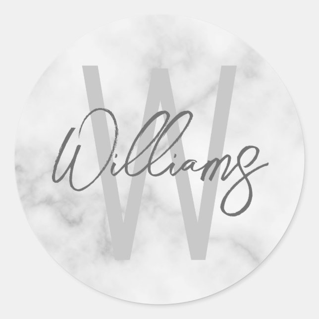 White Marble Script Personalized Monogram and Name Classic Round Sticker (Front)