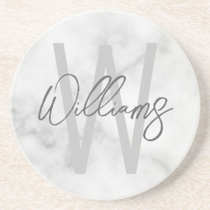 White Marble Script Personalized Monogram and Name Coaster
