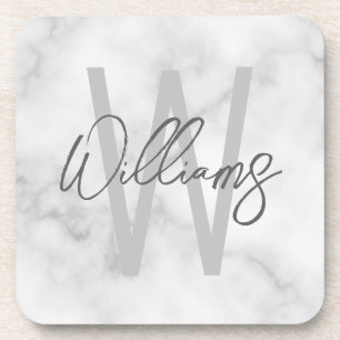 White Marble Script Personalized Monogram and Name Coaster