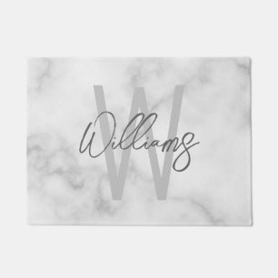 White Marble Script Personalized Monogram and Name Doormat