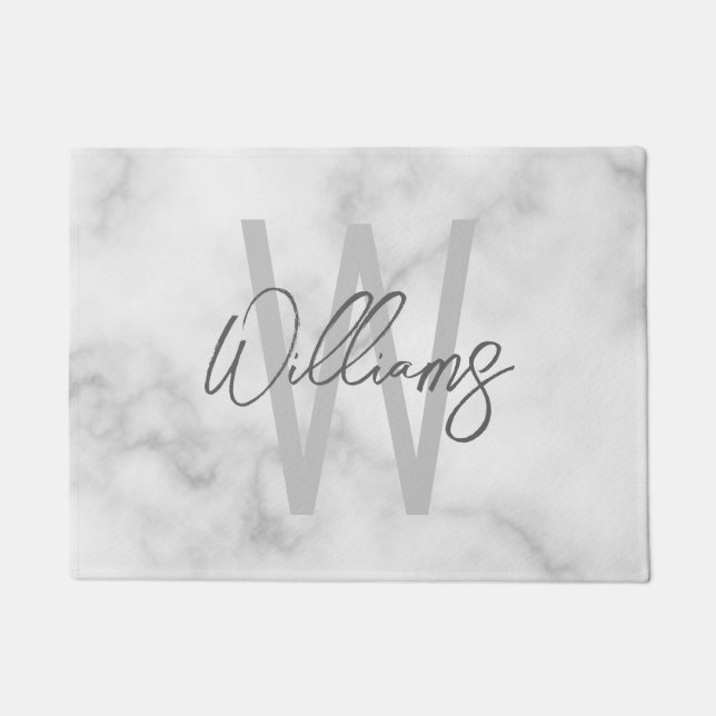 White Marble Script Personalized Monogram and Name Doormat (Front)