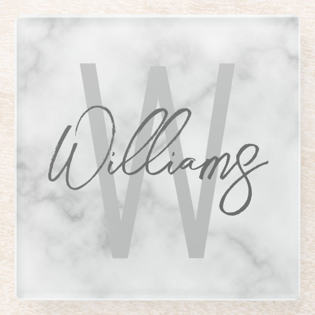 White Marble Script Personalized Monogram and Name Glass Coaster (Front)