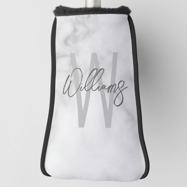 White Marble Script Personalized Monogram and Name Golf Head Cover (Rotate 90)
