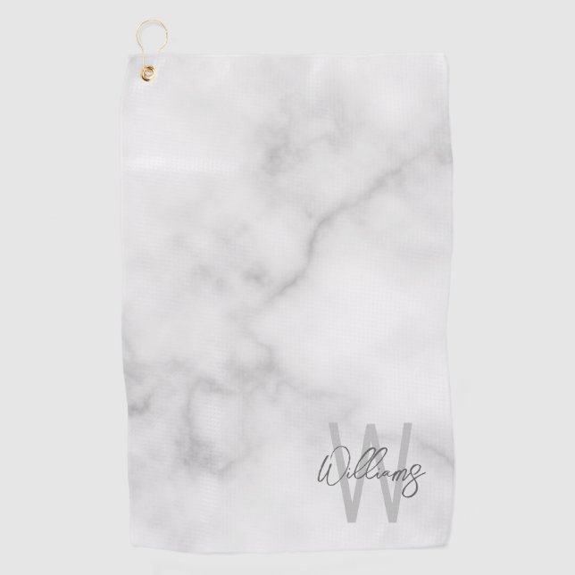 White Marble Script Personalized Monogram and Name Golf Towel (Front)