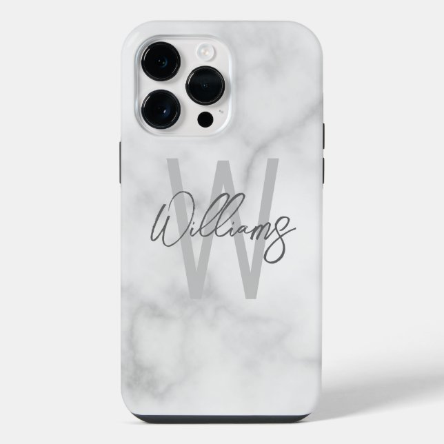 White Marble Script Personalized Monogram and Name iPhone Case (Back)