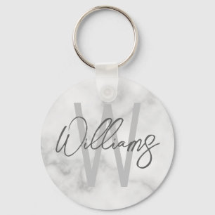 White Marble Script Personalized Monogram and Name Keychain
