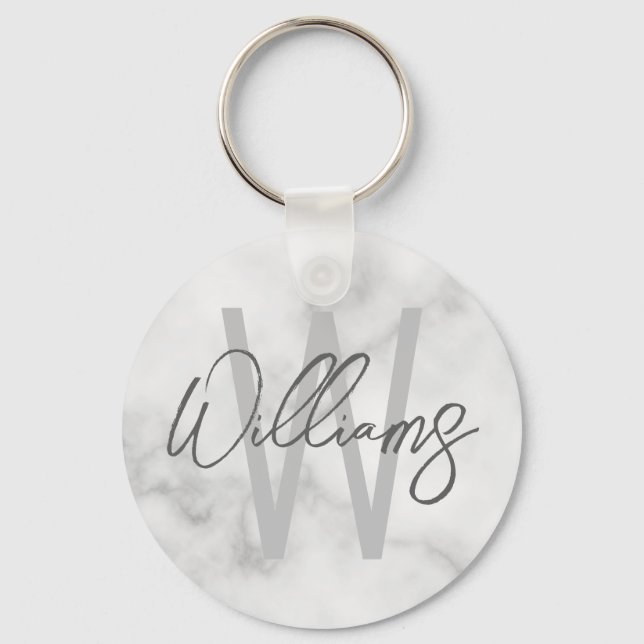White Marble Script Personalized Monogram and Name Keychain (Front)