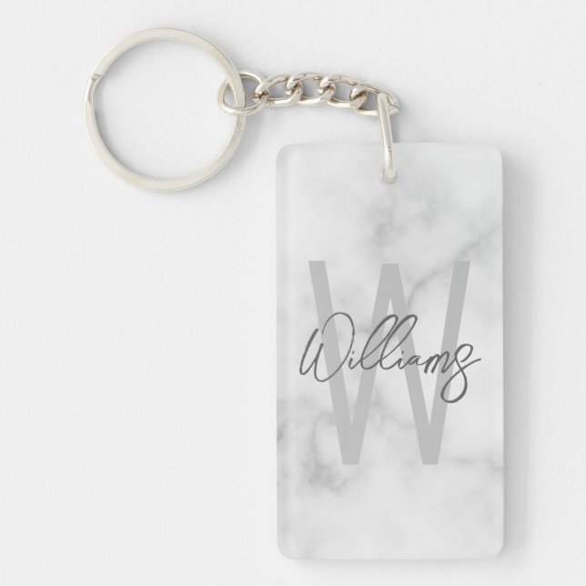 White Marble Script Personalized Monogram and Name Keychain (Front)