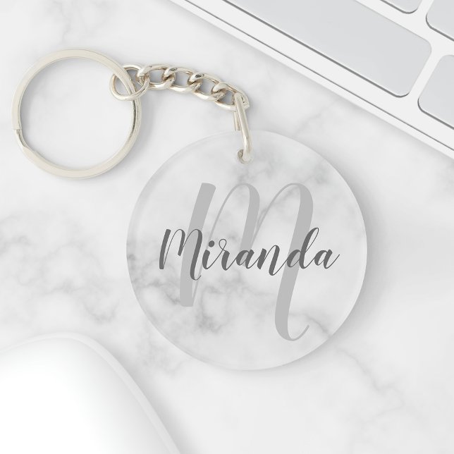 White Marble Script Personalized Monogram and Name Keychain (Creator Uploaded)