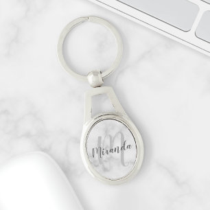 White Marble Script Personalized Monogram and Name Keychain
