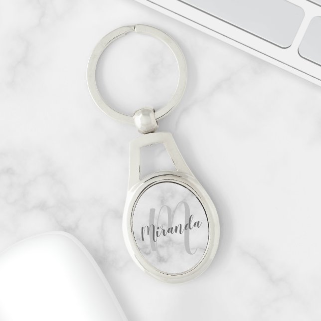 White Marble Script Personalized Monogram and Name Keychain (Creator Uploaded)