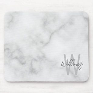 White Marble Script Personalized Monogram and Name Mouse Pad