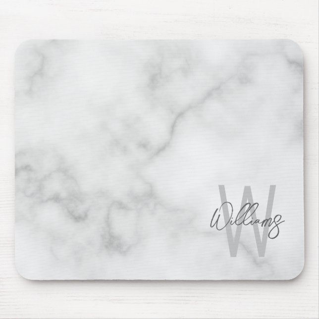 White Marble Script Personalized Monogram and Name Mouse Pad (Front)