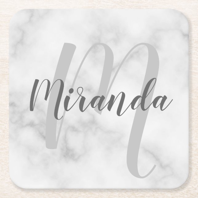 White Marble Script Personalized Monogram and Name Square Paper Coaster (Front)