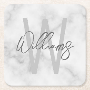 White Marble Script Personalized Monogram and Name Square Paper Coaster