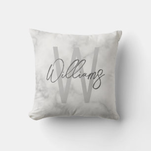 White Marble Script Personalized Monogram and Name Throw Pillow