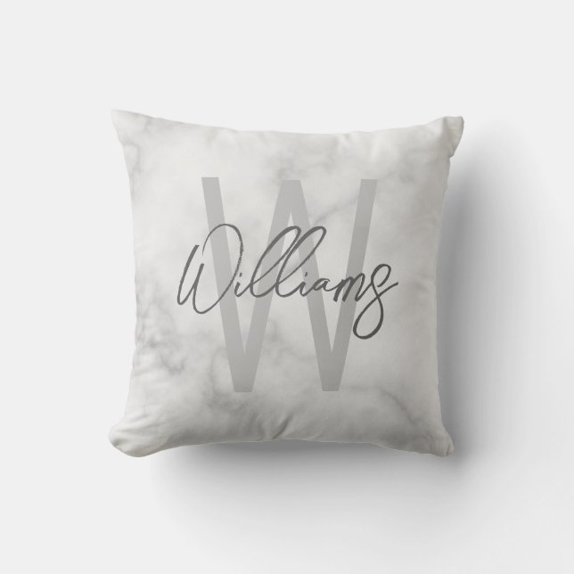 White Marble Script Personalized Monogram and Name Throw Pillow (Front)