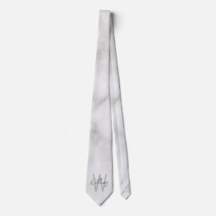 White Marble Script Personalized Monogram and Name Tie