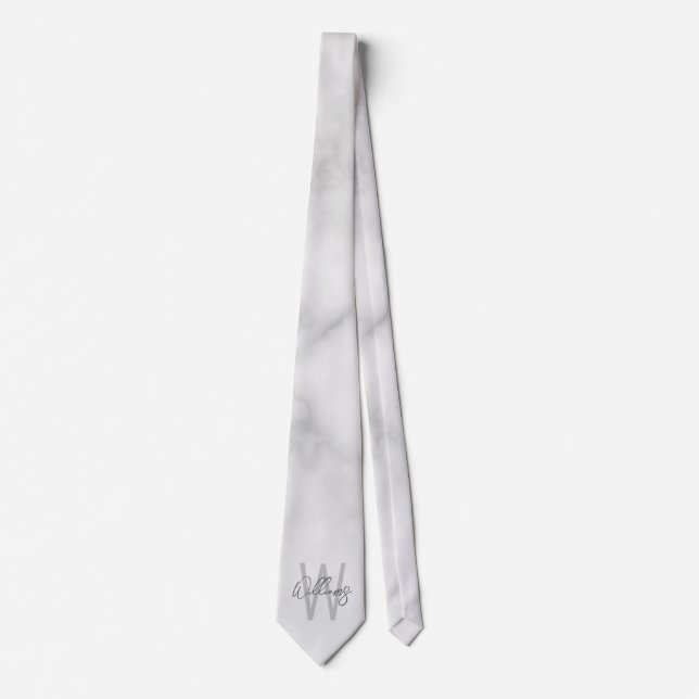White Marble Script Personalized Monogram and Name Tie (Front)