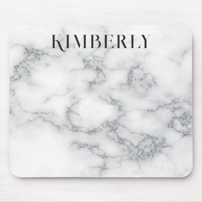 White Marble Silver Glitter Mouse Pad (Front)