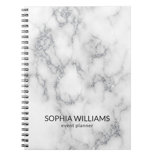 White Marble Silver Glitter Notebook (Front)