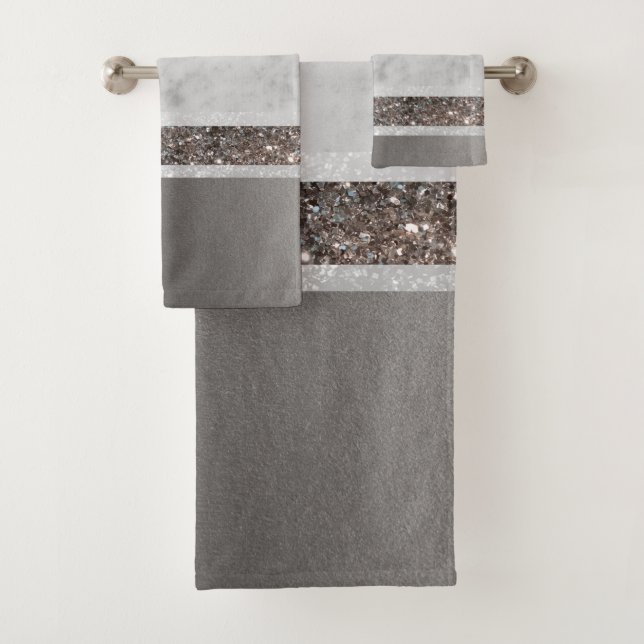 White Marble Silver Glitter Stripe Glam #1 Bath Towel Set (Insitu)
