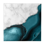 White Marble Silver Glitter Teal Agate Tile<br><div class="desc">Elegant white marble and teal agate trimmed with faux silver glitter combine in this luxurious ceramic tile.</div>