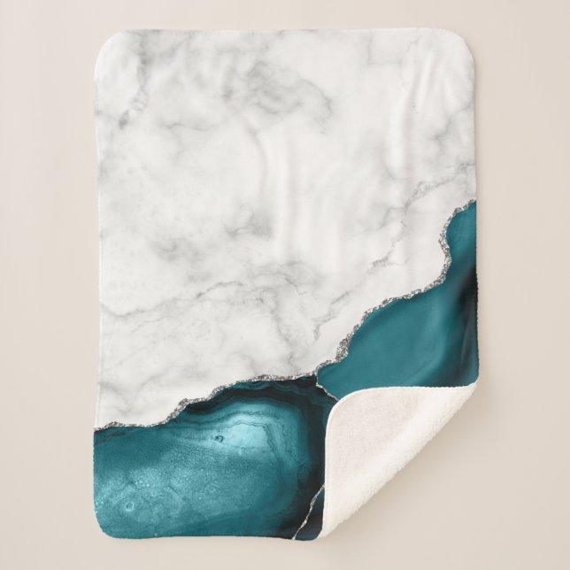 White Marble Silver Glitter Teal Blue Agate Sherpa Blanket (Front)