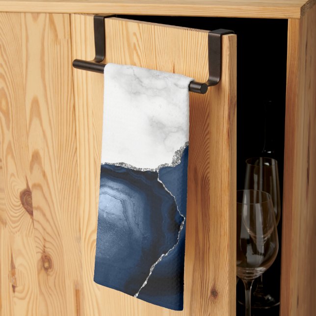 White Marble Silver Navy Blue Agate Kitchen Towel (Thirds Fold)