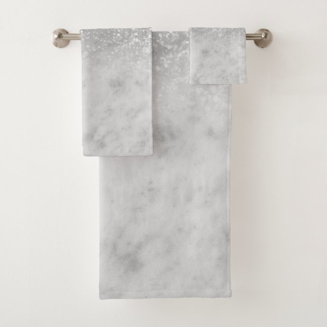 White Marble Silver Ombre Glitter Glam #1 Bath Towel Set (Insitu)