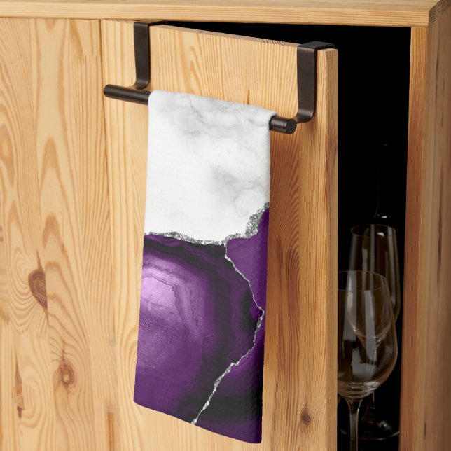 White Marble Silver Purple Agate Kitchen Towel (Thirds Fold)