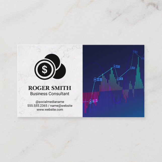White Marble | Stock Market Graph | Coins Business Card (Front)