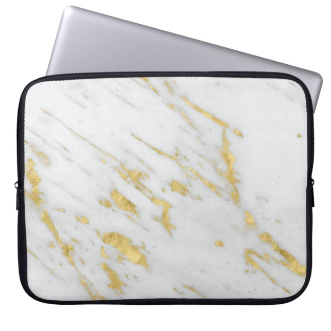 White Marble Stone And Spotted Gold Glitter Laptop Sleeve (Front)