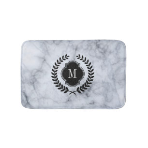 White Marble Stone Black Wreath Crest Bath Mat