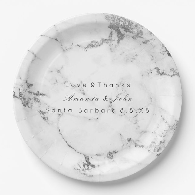 White Marble Stone Carrara Grey Silver Minimal Paper Plate (Front)