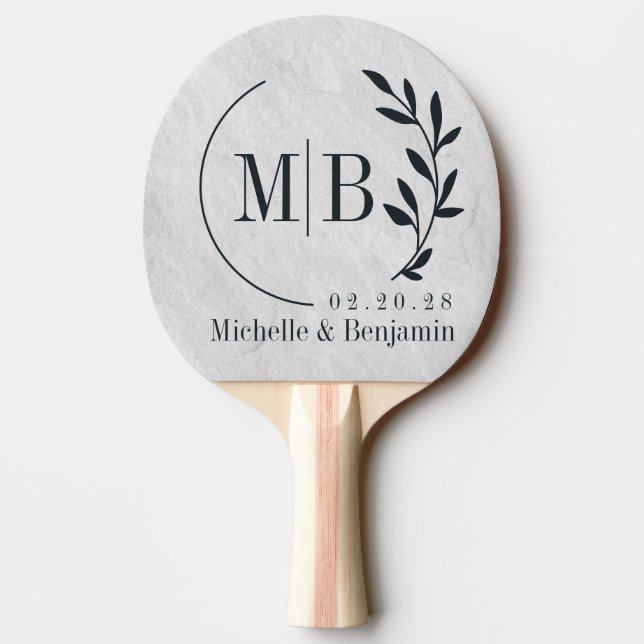 White Marble Stone Leaf Wedding Monogram Ping Pong Paddle (Back)