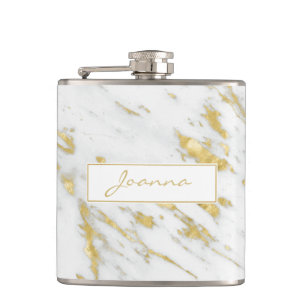 White Marble Stone Texture And Gold Glitter Hip Flask