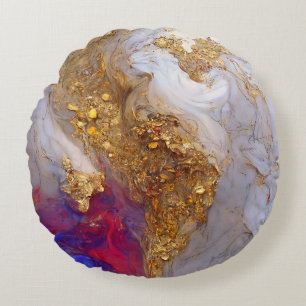White Marble Swirl with Liquid Gold Round Pillow