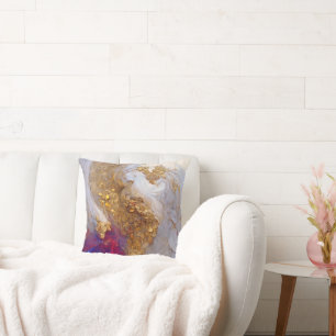 White Marble Swirl with Liquid Gold Throw Pillow