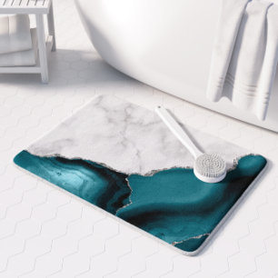 White Marble Teal Blue Agate Silver Bath Mat