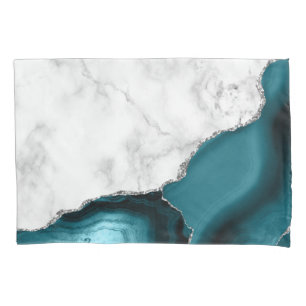 White Marble Teal Blue Agate Silver Pillowcase
