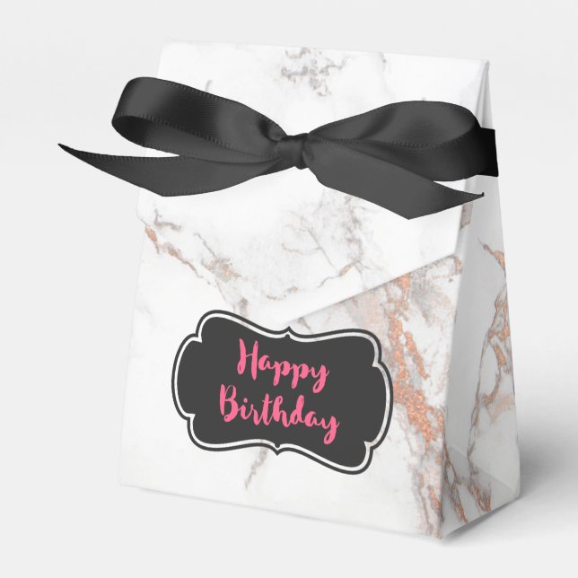 White Marble Texture Happy Birthday Favor Box (Front Side)