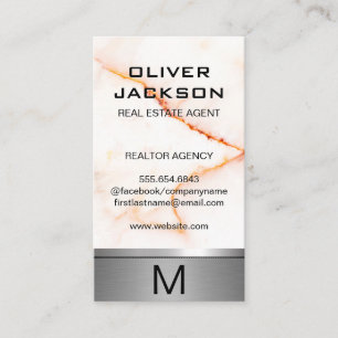 White Marble Texture Silver Metallic Trim Business Card