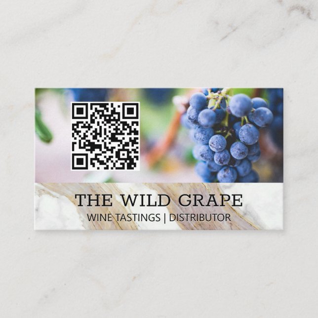 White Marble Texture | Wine Grapes | QR Code Business Card (Front)